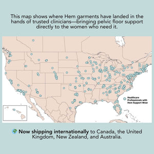 Map of the U.S. showing locations of clinicians providing Hem pelvic floor support garments to women nationwide.